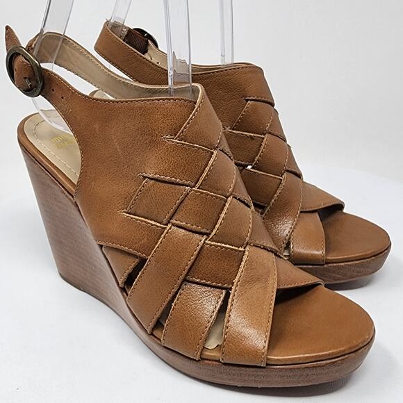 Johnston & Murphy Missy Sandal Women 7M Wedge Slingback Tan Criss Cross Leather - Picture 1 of 11